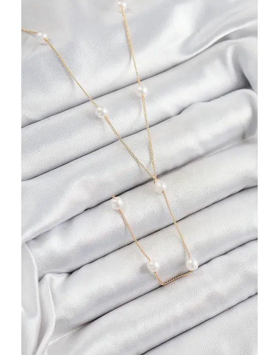 316L Çelik İnci Figürlü Y Model Gold Renk Kadın Kolye