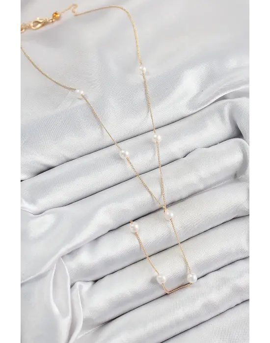 316L Çelik İnci Figürlü Y Model Gold Renk Kadın Kolye