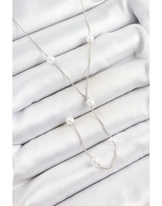 316L Çelik İnci Figürlü Y Model Gümüş Renk Kadın Kolye