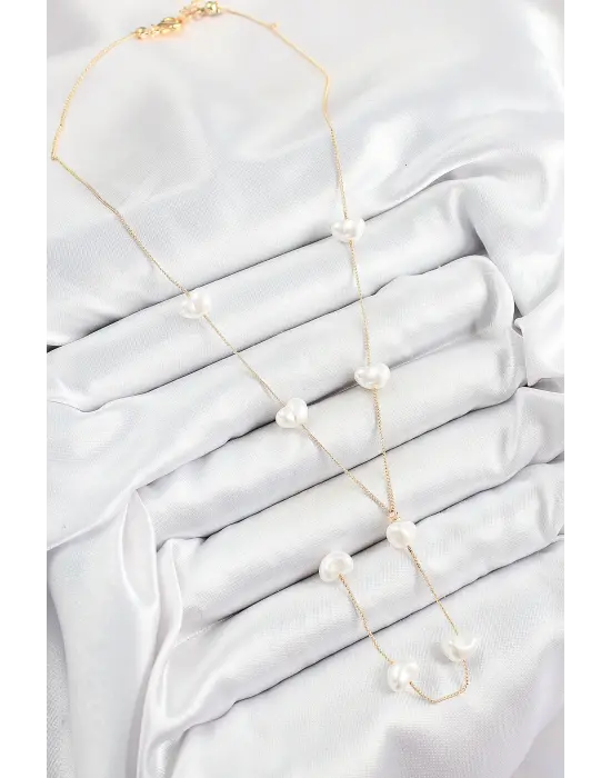 316L Çelik İncili Kalp Figürlü Y Model Gold Renk Kadın Kolye