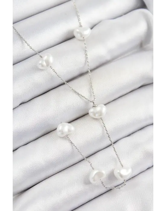 316L Çelik İncili Kalp Figürlü Y Model Gümüş Renk Kadın Kolye