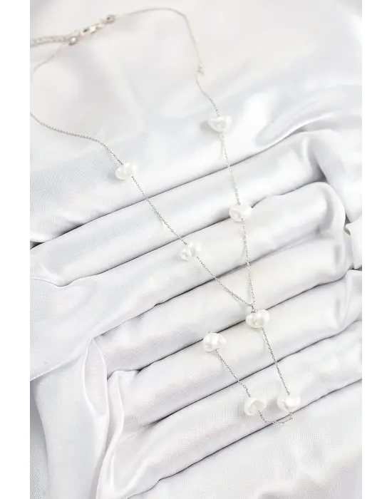 316L Çelik İncili Kalp Figürlü Y Model Gümüş Renk Kadın Kolye