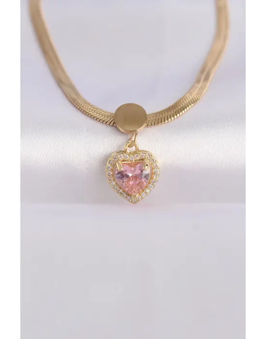  İtalyan Zincir Altın  Pembe Zirkon Taşlı Kalp Çelik Kolye