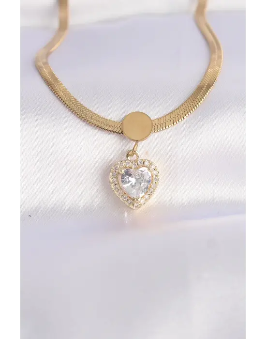  İtalyan Zincir Altın  Zirkon Taşlı Kalp Çelik Kolye