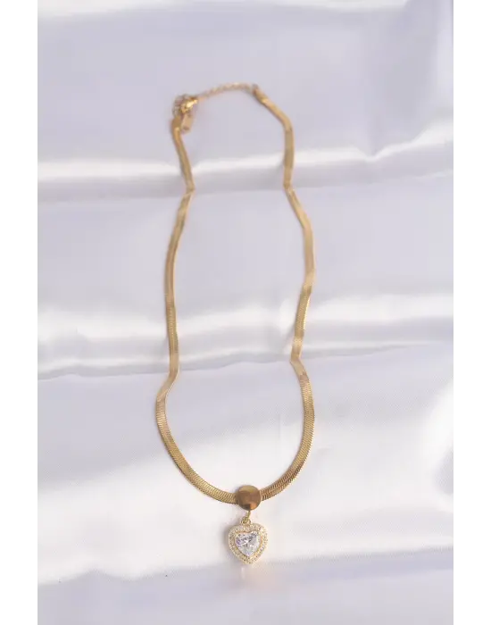  İtalyan Zincir Altın  Zirkon Taşlı Kalp Çelik Kolye