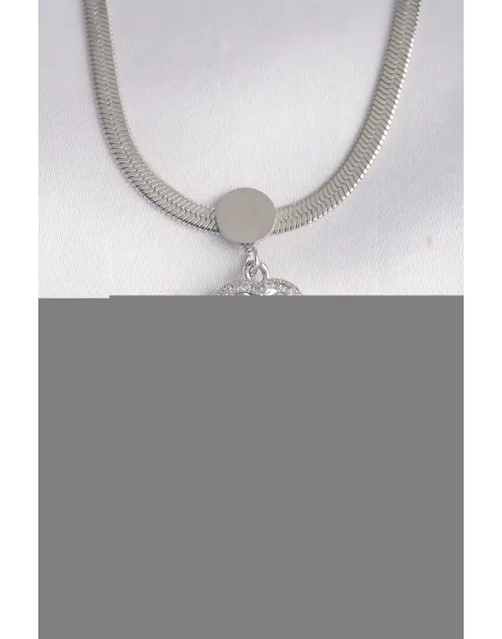  İtalyan Zincir Gümüş  Zirkon Taşlı Kalp Çelik Kolye