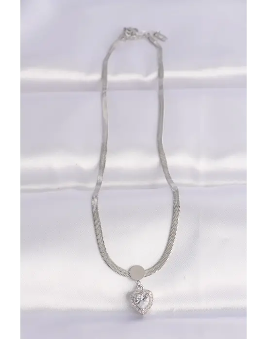  İtalyan Zincir Gümüş  Zirkon Taşlı Kalp Çelik Kolye