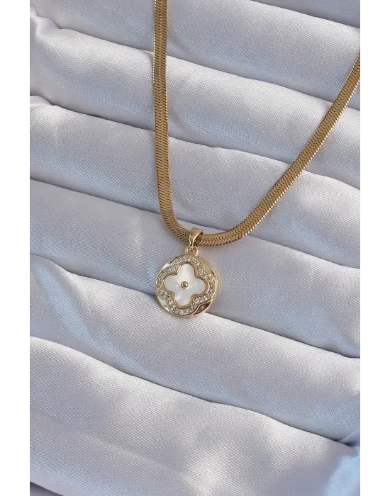  İtalyan Zincirli Altın  Zirkon Taşlı Sedefli Yonca Model Çelik Kolye