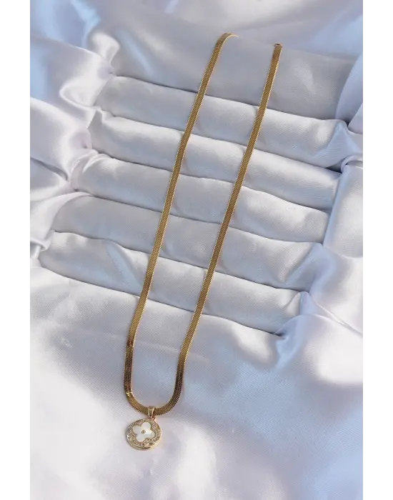  İtalyan Zincirli Altın  Zirkon Taşlı Sedefli Yonca Model Çelik Kolye