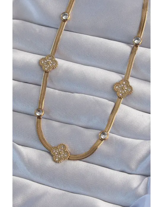  İtalyan Zincirli Altın  Zirkon Taşlı Yonca Model Çelik Kolye
