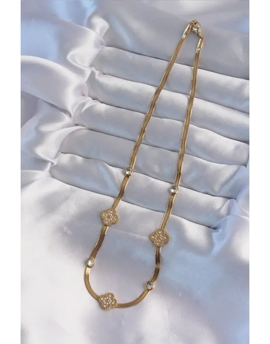  İtalyan Zincirli Altın  Zirkon Taşlı Yonca Model Çelik Kolye