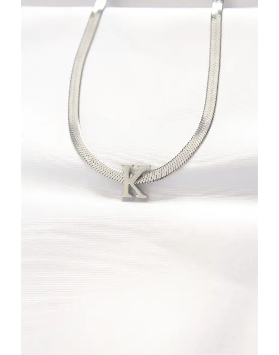  K Harfli Silver  İtalyan Zincirli Çelik Kolye