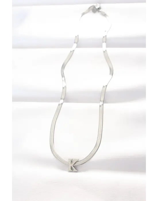  K Harfli Silver  İtalyan Zincirli Çelik Kolye