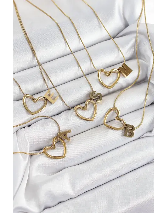 316L Çelik Kalp Detaylı Gold Renk Harf Kolye 24lü Paket Kolye