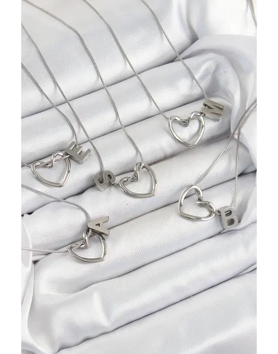 316L Çelik Kalp Detaylı Gümüş Renk Harf Kolye 24lü Paket Kolye