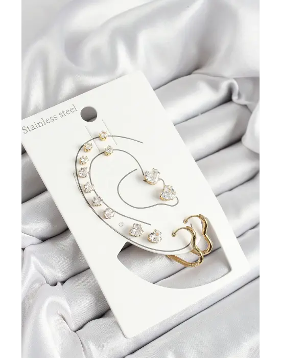 316L Çelik Kalp Figürlü Ve Zirkon Taşlı Gold Renk 7li Çift Kadın Küpe Set