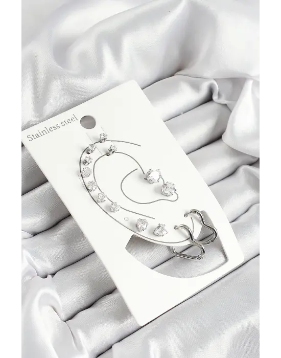 316L Çelik Kalp Figürlü Ve Zirkon Taşlı Gümüş Renk 7li Çift Kadın Küpe Set