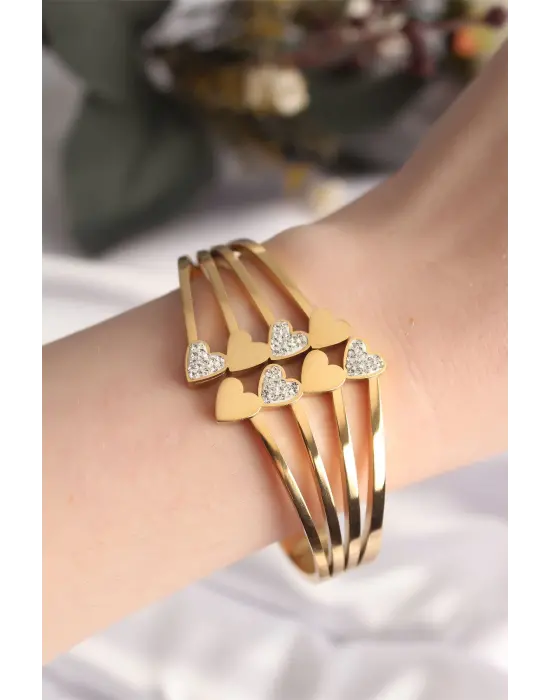 316L Çelik Kalp Model Gold Renk Kadın Kelepçe Bilezik