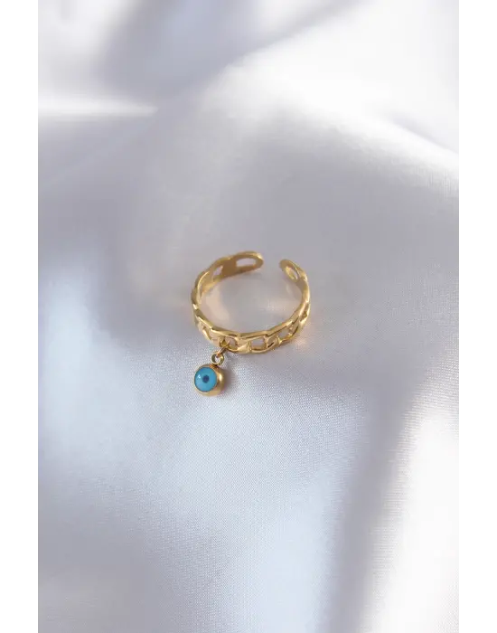 316L Çelik Kararmaz Altın Nazar Detaylı Çelik Yüzük