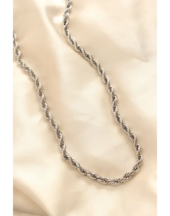  Kararmaz Gümüş  Kalın Burgu 60 cm  Çelik Kolye