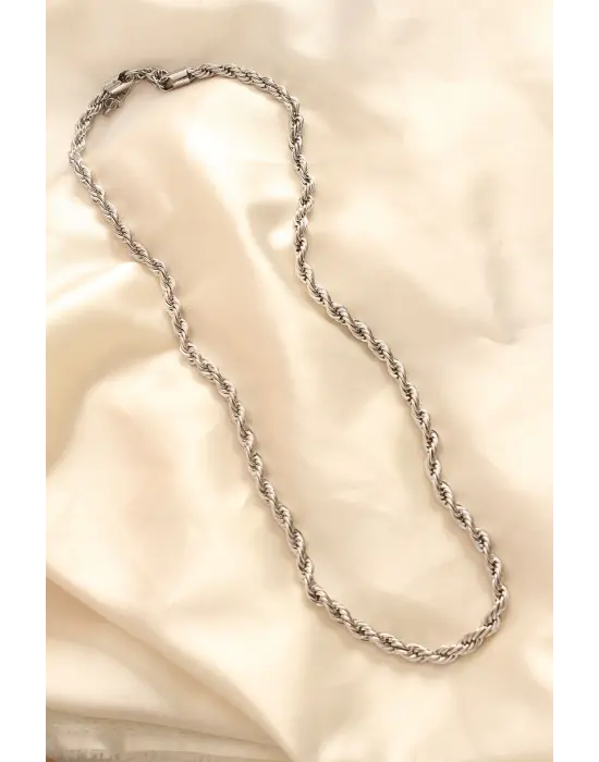  Kararmaz Gümüş  Kalın Burgu 60 cm  Çelik Kolye