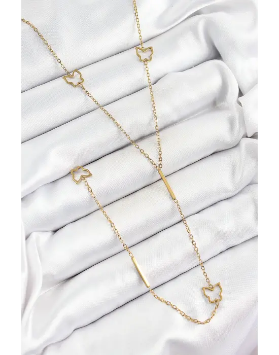 316L Çelik Kelebek Figürlü Y Model Gold Renk Kadın Kolye