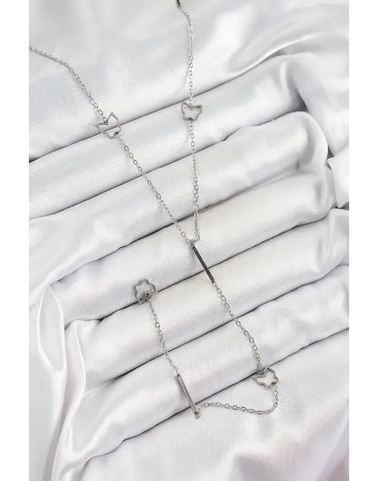 316L Çelik Kelebek Figürlü Y Model Gümüş Renk Kadın Kolye