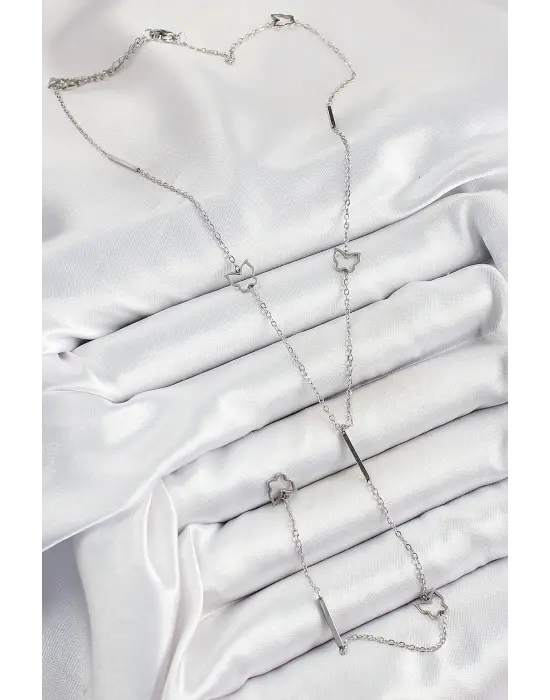 316L Çelik Kelebek Figürlü Y Model Gümüş Renk Kadın Kolye