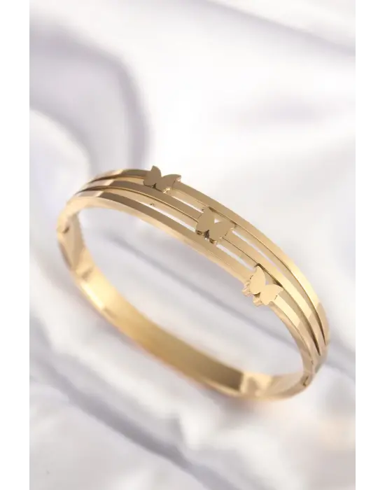 316L Çelik Kelebek Gold Renk Kadın Kelepçe Bilezik