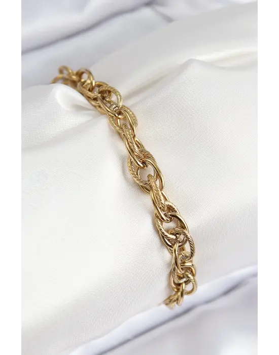 316L Çelik Klasik Dövme Halat Zincir Model Gold Renk Kadın Bileklik