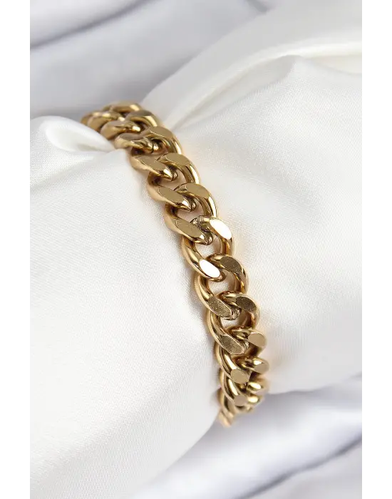 316L Çelik Klasik Kalın Zincir Model Gold Renk Kadın Bileklik