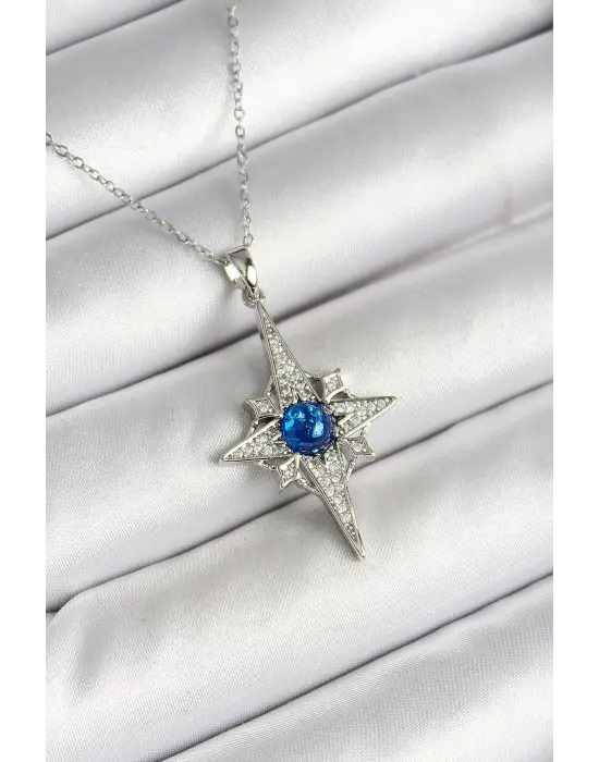 316L Çelik Kutup Yıldızı Figürlü Mavi Zirkon Taşlı Gümüş Renk Kolye
