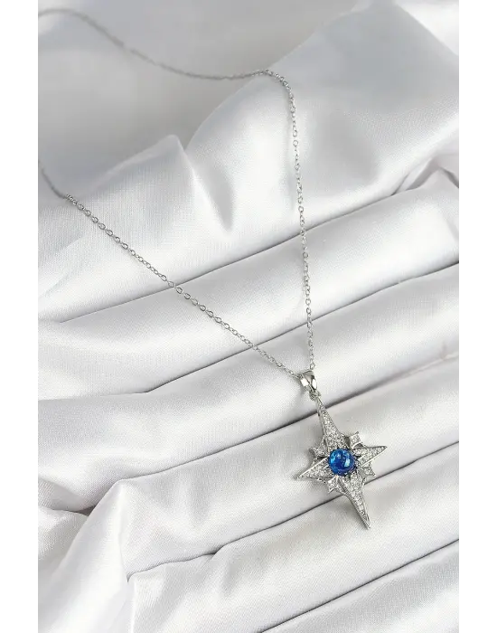 316L Çelik Kutup Yıldızı Figürlü Mavi Zirkon Taşlı Gümüş Renk Kolye