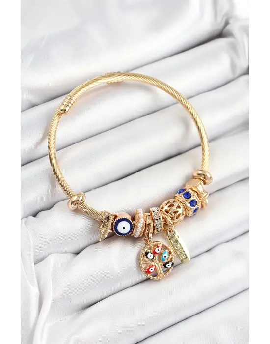 316L Çelik Lacivert Nazarlı Zirkon Taşlı İnci Detaylı Hayat Ağacı Model Gold Renk Charm Bileklik