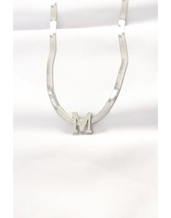  M Harfli Silver  İtalyan Zincirli Çelik Kolye