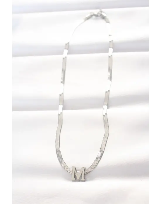  M Harfli Silver  İtalyan Zincirli Çelik Kolye