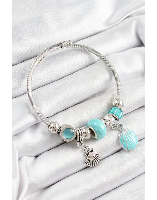 316L Çelik Mavi İstiridye Model Gümüş Renk Charm Bileklik