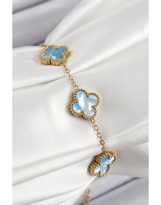 316L Çelik Mavi Sedef Yonca Model Gold Renk Kadın Bileklik