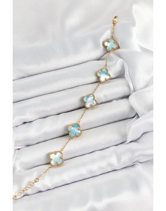 316L Çelik Mavi Sedef Yonca Model Gold Renk Kadın Bileklik