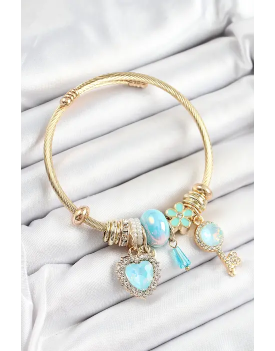 316L Çelik Mavi Zirkon Taşlı Anahtar Ve Kalp Model Gold Renk Charm Bileklik