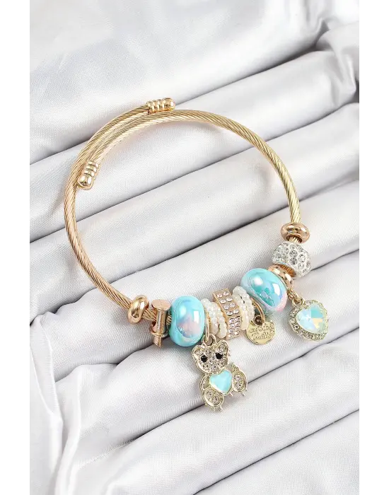 316L Çelik Mavi Zirkon Taşlı Ayıcık Ve Kalp Model Gold Renk Charm Bileklik