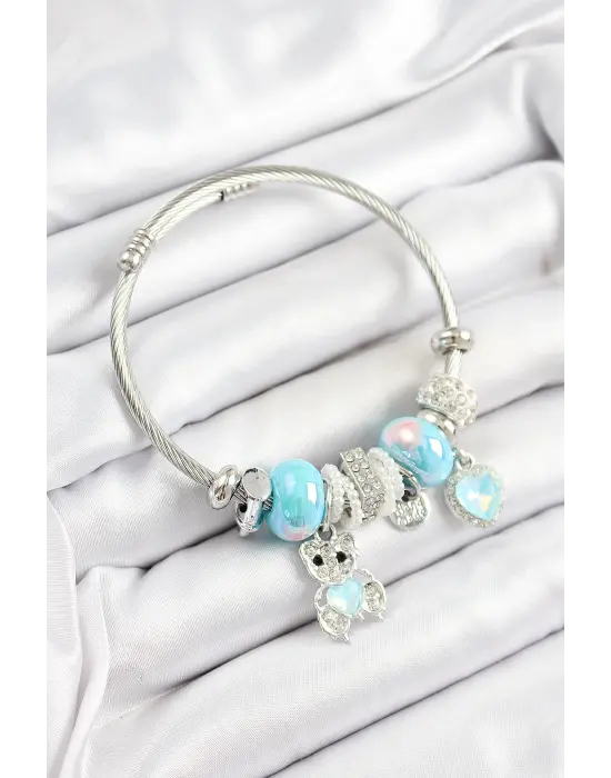 316L Çelik Mavi Zirkon Taşlı Ayıcık Ve Kalp Model Gümüş Renk Charm Bileklik