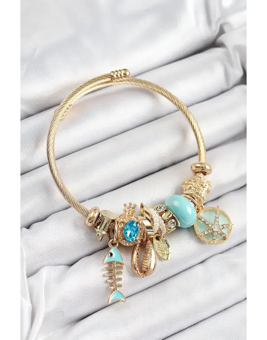 316L Çelik Mavi Zirkon Taşlı Balık Deniz Kabuğu Ve Deniz Yıldızı Model Gold Renk Charm Bileklik