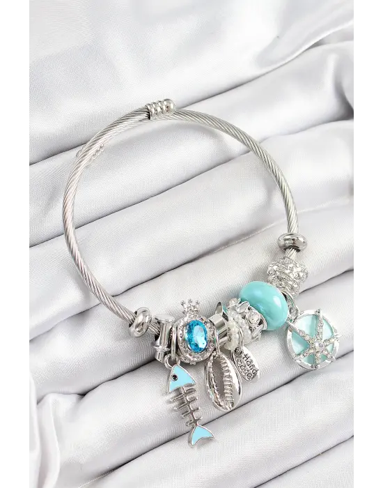 316L Çelik Mavi Zirkon Taşlı Balık Deniz Kabuğu Ve Deniz Yıldızı Model Gümüş Renk Charm Bileklik