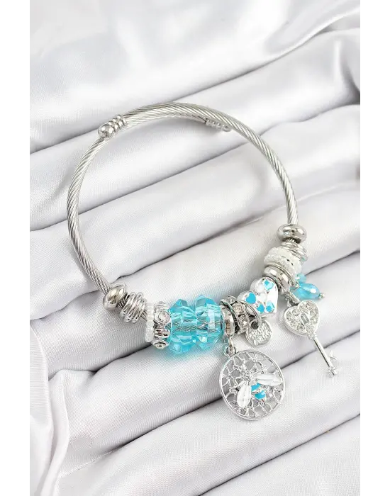 316L Çelik Mavi Zirkon Taşlı Baykuş Arı Ve Anahtar Model Gümüş Renk Charm Bileklik