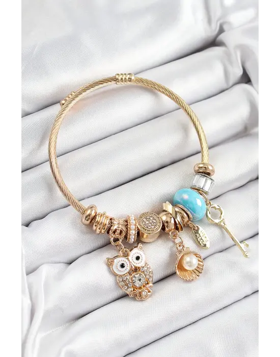 316L Çelik Mavi Zirkon Taşlı Baykuş İstiridye Ve Anahtar Model Gold Renk Charm Bileklik