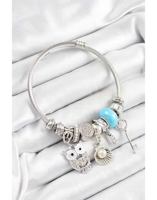 316L Çelik Mavi Zirkon Taşlı Baykuş İstiridye Ve Anahtar Model Gümüş Renk Charm Bileklik