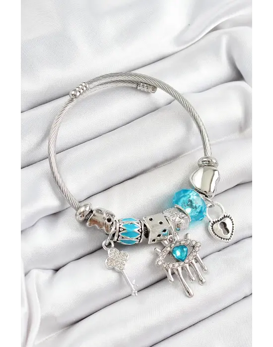 316L Çelik Mavi Zirkon Taşlı Göz Kilit Ve Anahtar Model Gümüş Renk Charm Bileklik