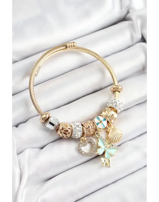316L Çelik Mavi Zirkon Taşlı Kalp Kelebek Ve İstiridye Model Gold Renk Charm Bileklik
