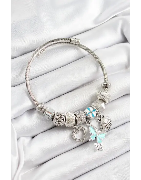 316L Çelik Mavi Zirkon Taşlı Kalp Kelebek Ve İstiridye Model Gümüş Renk Charm Bileklik